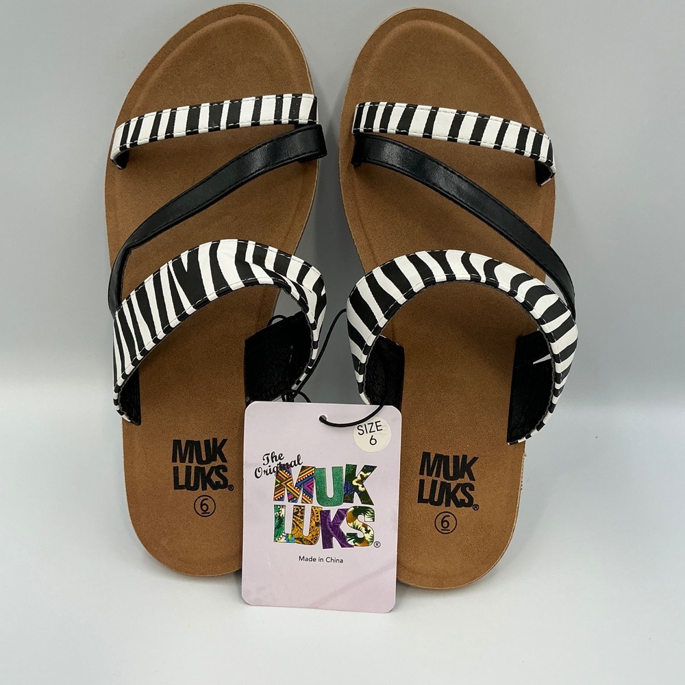 MUK LUKS Zebra Print Sandals - Black Straps - Slip On - Size 6